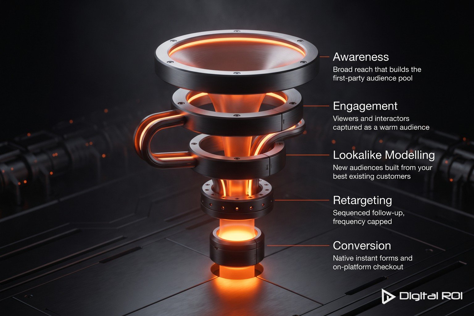 Diagram of a paid social media funnel showing awareness, engagement, lookalike audiences, retargeting and conversion stages